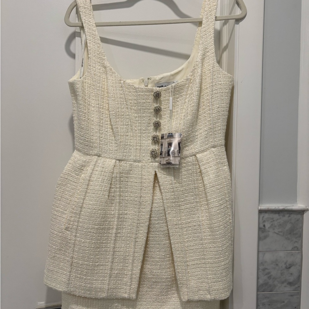 Self-Portrait Cream Textured Dress with Embellished Buttons